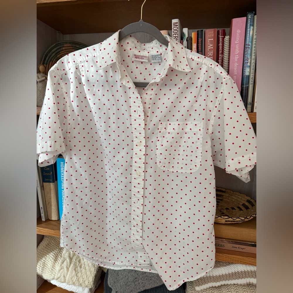 White and Red Polka Dot Casual Button Down Shirt
